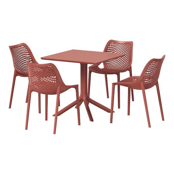 WESTIN OUTDOOR Frond and Form Red Plastic All Weather 5-Piece Square Table Modern Outdoor Patio Dining Set w/ 4 Stackable Chairs