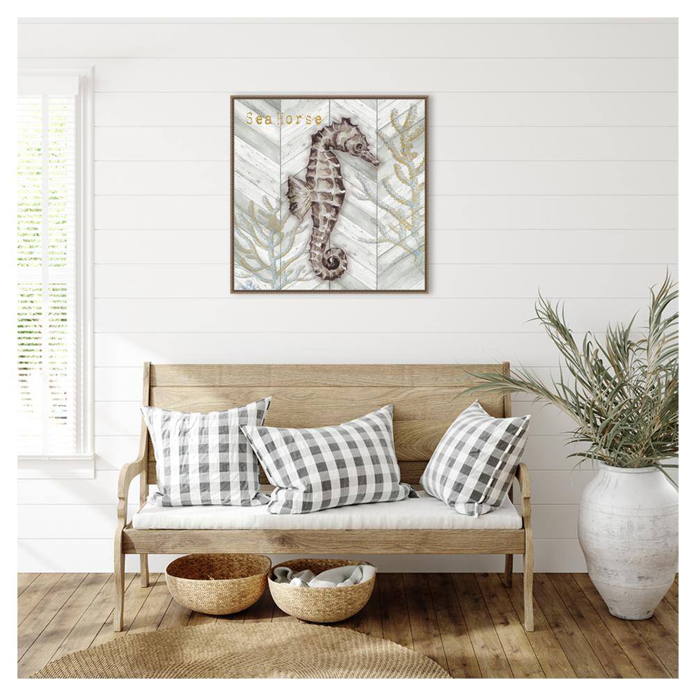 Gray Gold Chevron Seahorse Canvas Wall Art with Bronze Frame