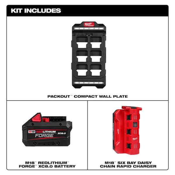 M18 18V PACKOUT 6-Port Daisy Chain Rapid Charger w/ Mounting Plate & (6) 8.0 Ah FORGE Batteries