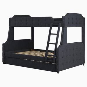 Black Twin over Full Upholstered Bunk Bed with Trundle and Ladder, Tufted Button Design