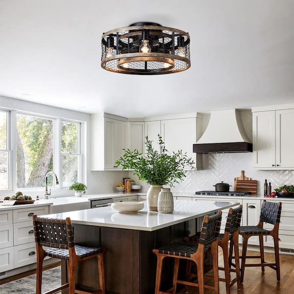 20 in. 5-Light Black Indoor Iron Cage DC Motor Flush Mount Ceiling Fan with Remote Control