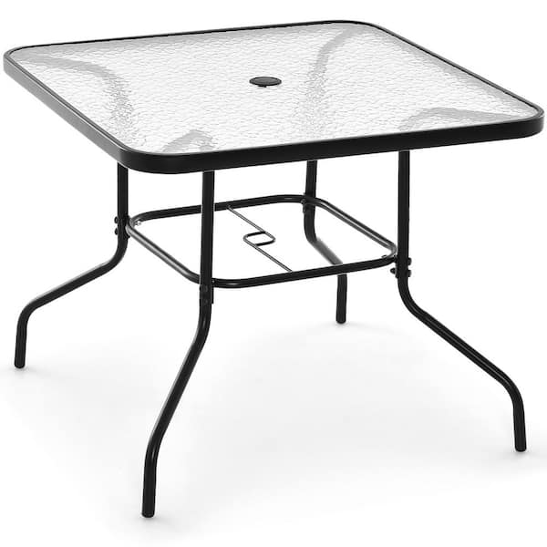 ANGELES HOME 34 in. Square Metal Outdoor Dining Table with Tempered Glass Tabletop and 1.5 in. Umbrella Hole