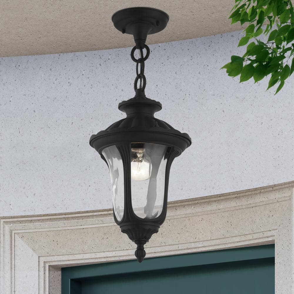 Oxford Textured Black Hand Blown Glass 1-Light Outdoor Pendant