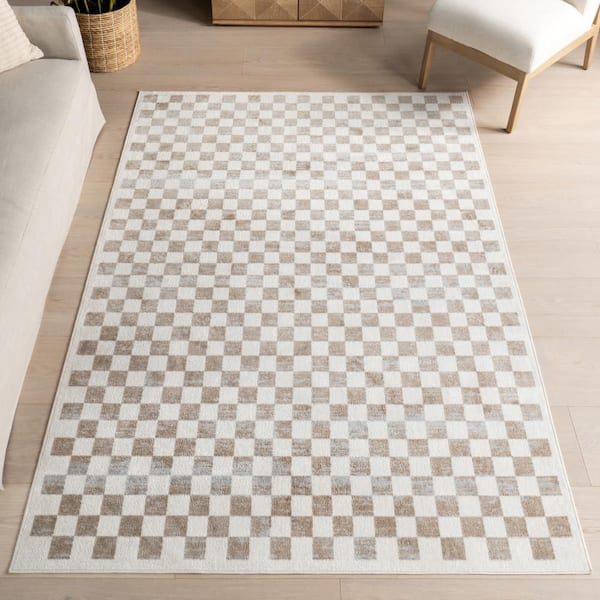 Finley Retro Checkered Washable Beige 5 ft. x 7.6 ft. Indoor Area Rug