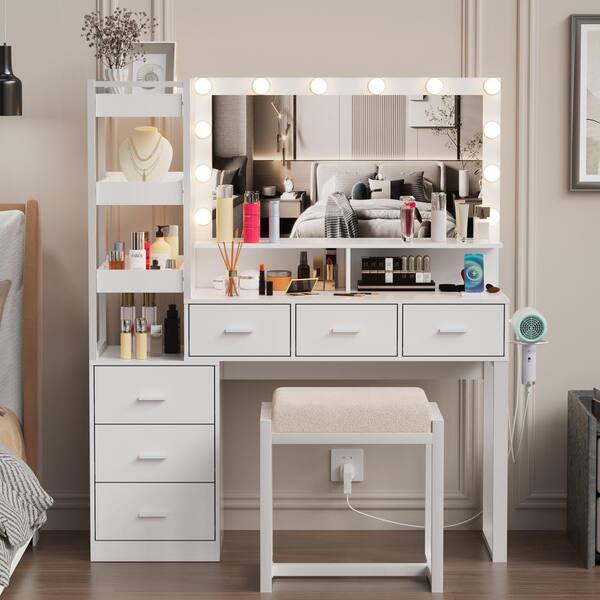 Pakasept White Makeup Vanity Set with LED Lighted Mirror and Power Outlet 6 Drawers and 3 Storage Movable Shelves
