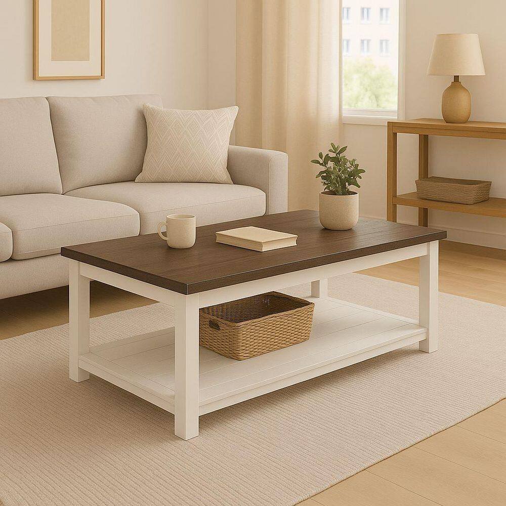 48 in. Brown/White Rectangle Wood Top Coffee Table with Storage Shelf