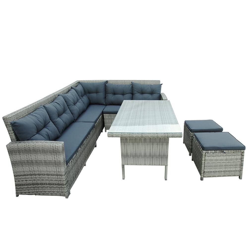 Gray 6-Piece Wicker Outdoor Sectional Set with Glass Table, Ottomans and Cu