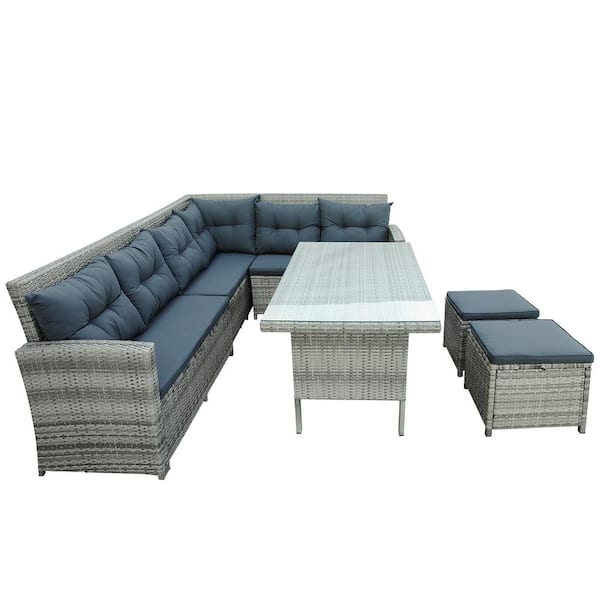 Unbranded Gray 6-Piece Wicker Outdoor Sectional Set with Glass Table, Ottomans and Cushions for Pool, Backyard, Lawn