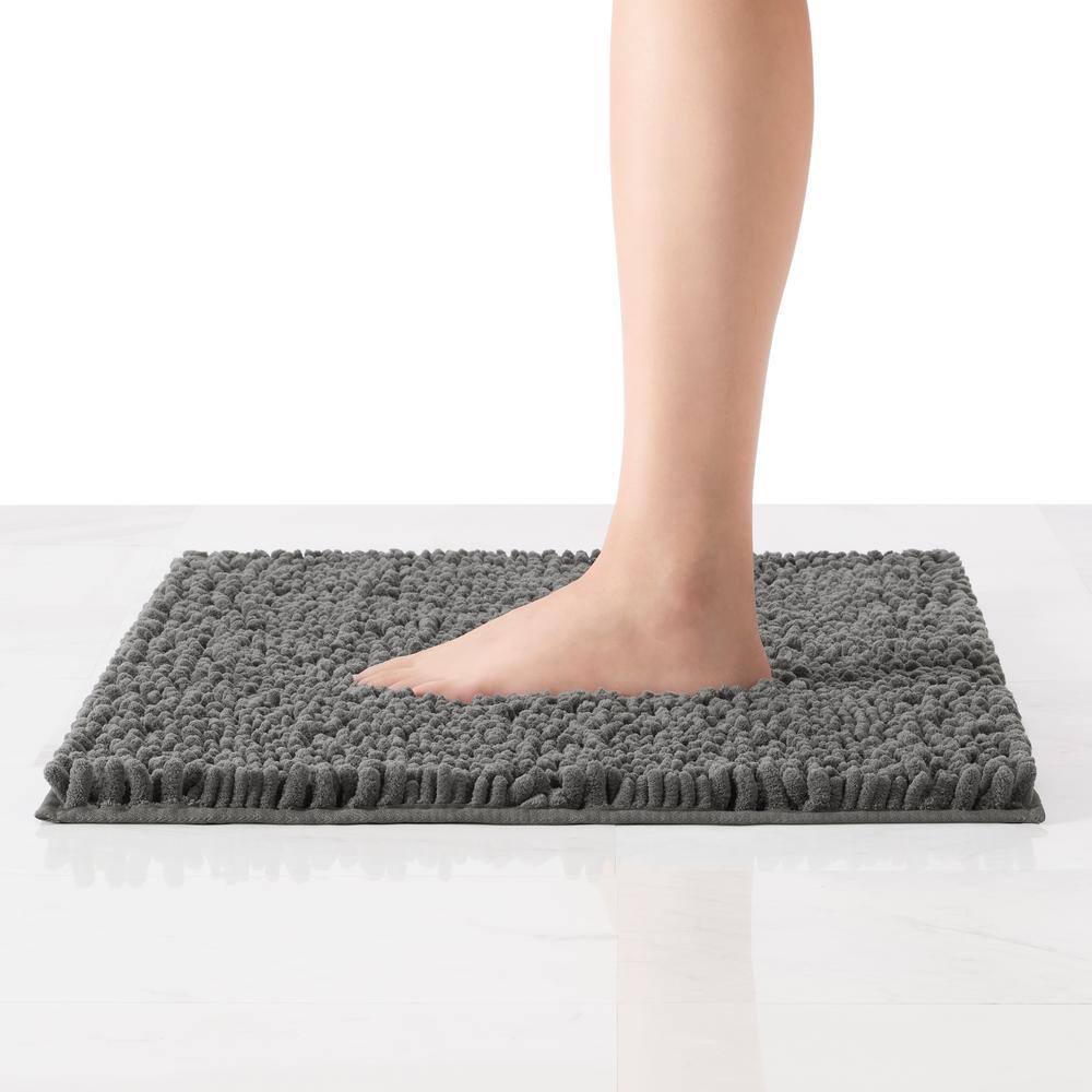 Dark Gray Chenille Non-Slip Bath Mat with Rubber Backing