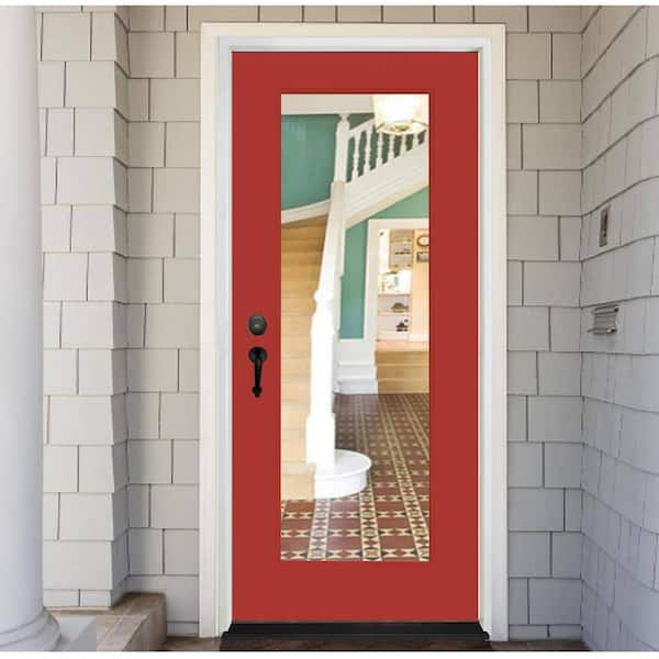 Legacy 30 in. x 80 in. Full-Lite Clear Glass RHIS Morocco Red Finish Fiberglass Prehung Front Door