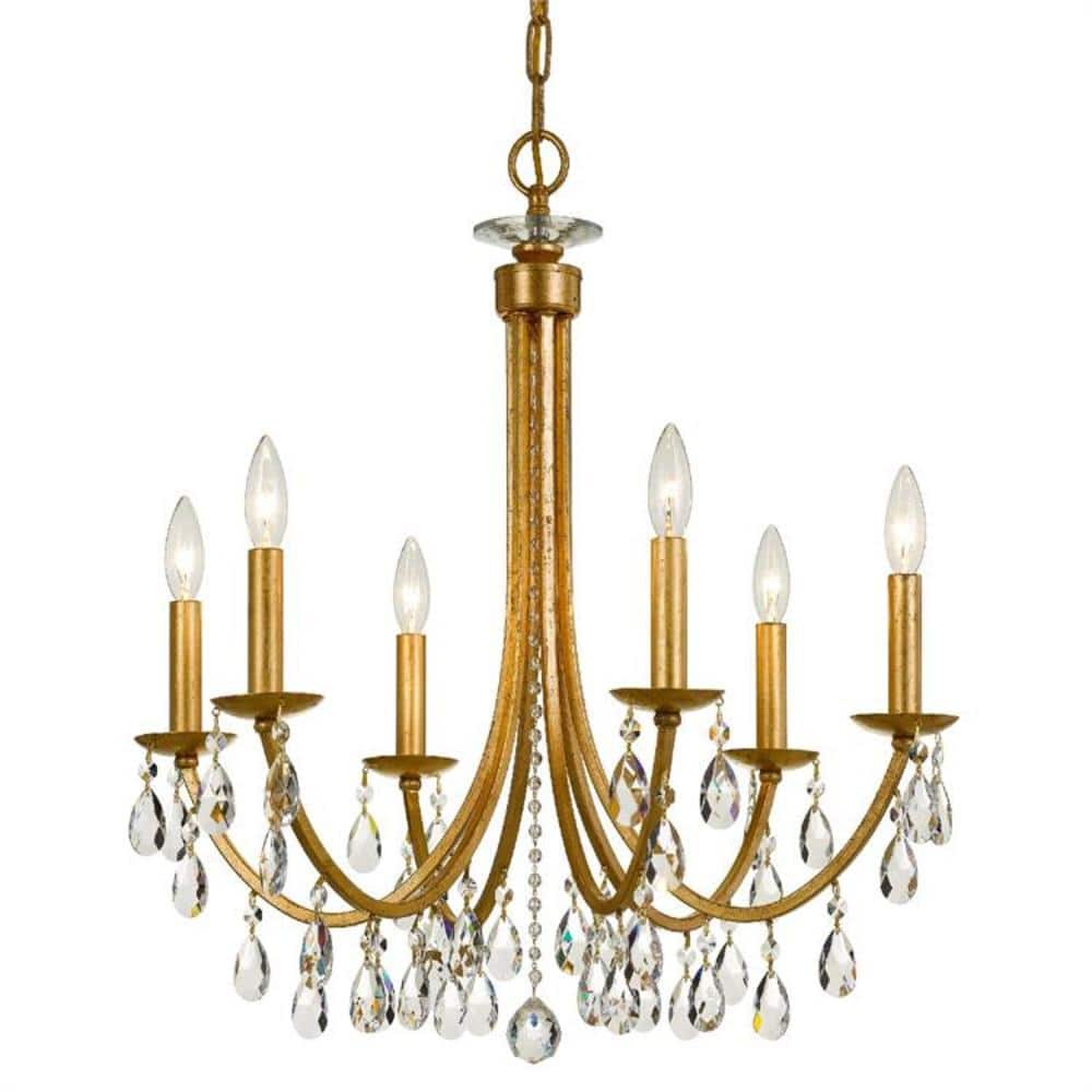 Antique Gold 6-Light Crystal Chandelier with Hand Cut Crystals