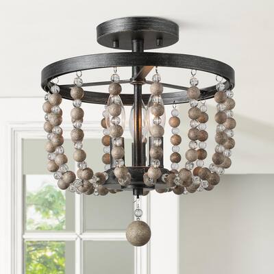 Farmhouse Black Drum Semi Flush Mount with Crystal Wood Beads Rustic Kitchen Porch 3-Light Circle Ceiling Light Fixture