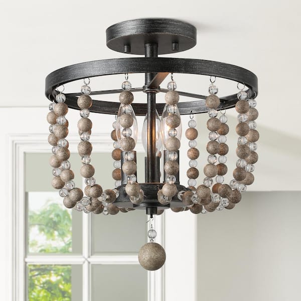 LNC Farmhouse Black Drum Semi Flush Mount with Crystal Wood Beads ...