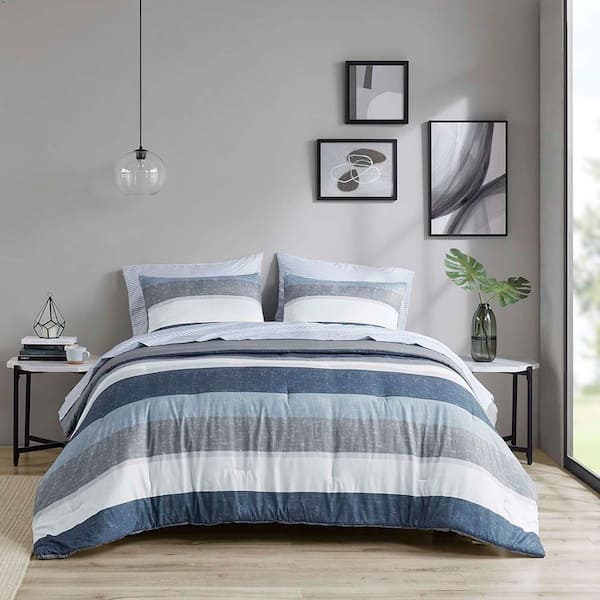 Unbranded Queen Super Soft Blue/Grey Stripe Polyester Comforter Set, 7-Piece Bedding Sets with Comforter, Sheets and Sham