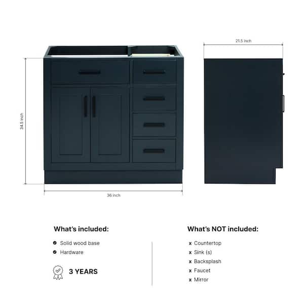 Hepburn 36 in. Freestanding Left Offset Bathroom Vanity Cabinet without Top in Midnight Blue (Assembled)