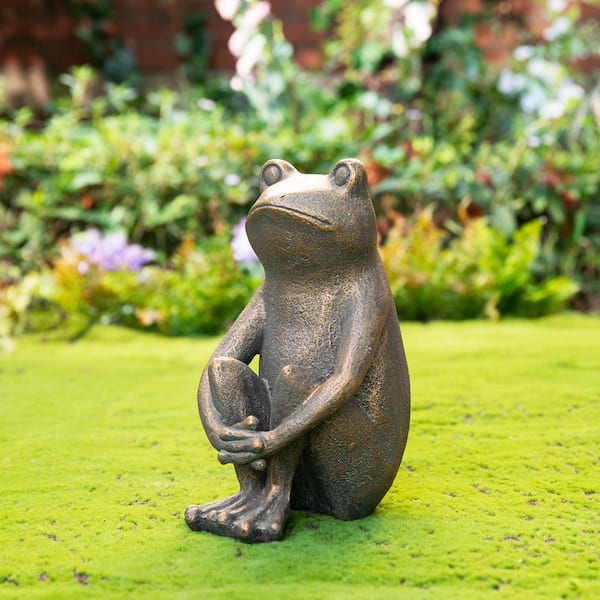 12 in. H Resin Bronze Squatting Frog Statue