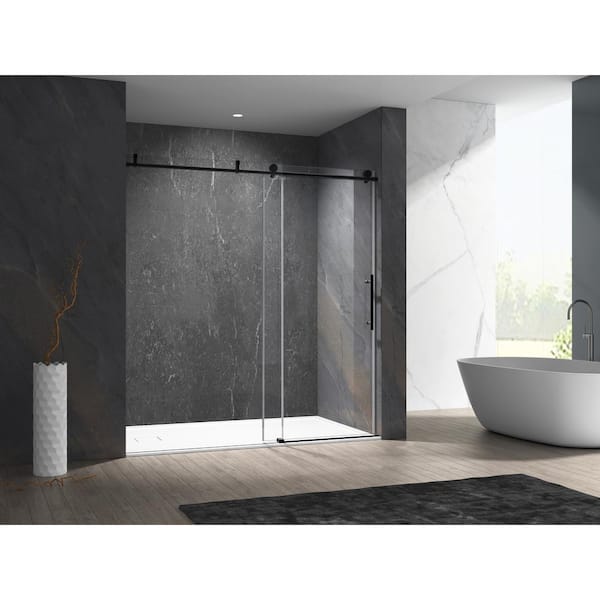 MCOCOD 60 in. W x 76 in. H Single Sliding Frameless Shower Door in Matte Black with Soft-Closing and 3/8 in. (10 mm) Glass