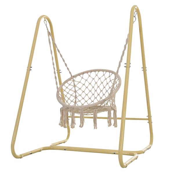 AUTMOON Metal Patio Swing Chair Handmade Macrame Swing Hammock Chair with Stand