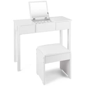 White Makeup Vanity Sets with Filp Top Mirror, Drawers and Cushioned Stool 35.4" x 15.7" x 29.5" (L x W x H)