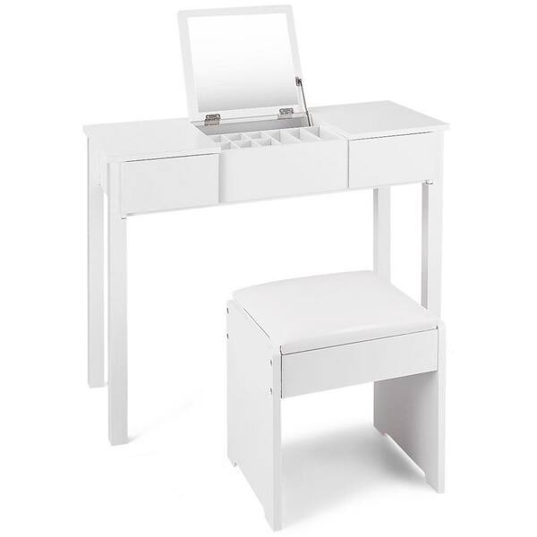 FORCLOVER White Makeup Vanity Sets with Filp Top Mirror, Drawers and Cushioned Stool 35.4" x 15.7" x 29.5" (L x W x H)