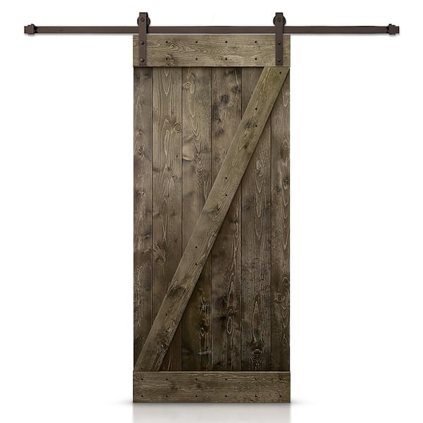 CALHOME Distressed Z 30 in. x 84 in. Espresso DIY Solid Knotty Pine Wood Interior Sliding Barn Door with Hardware Kit