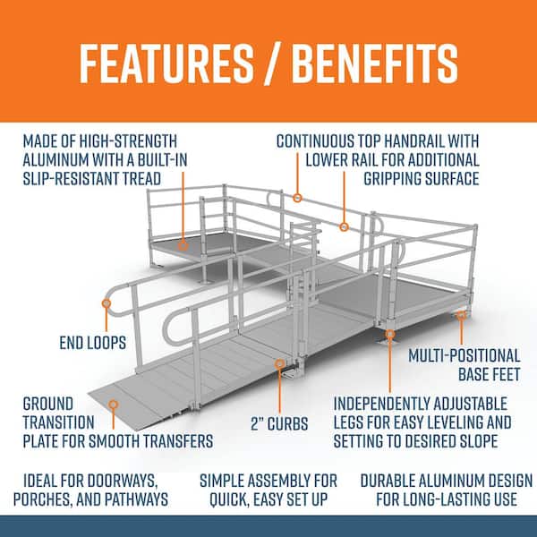 PATHWAY 14 ft. L-Shaped Aluminum Wheelchair Ramp Kit with Solid Surface Tread, 2-Line Handrails and (2) 5 ft. Platforms