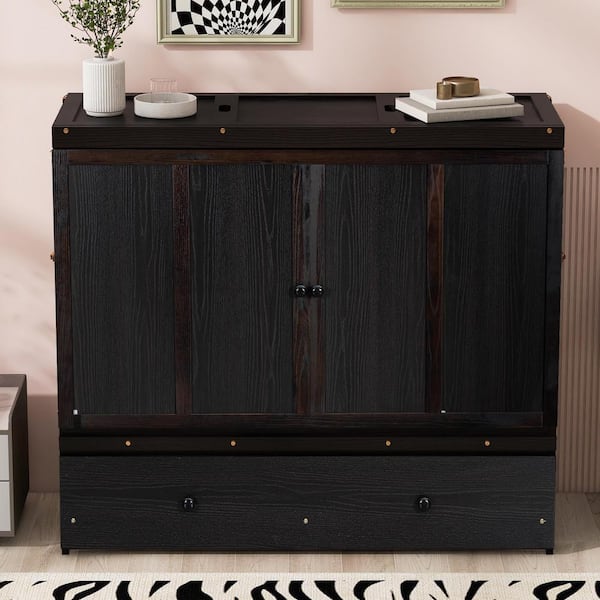 Espresso Wood Frame Full Murphy Bed with USB Port and a Large Drawer