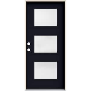 36 in. x 80 in. Right-Hand 3 Lite Satin Etched Decorative Glass Black Painted Fiberglass Prehung Front Door w/Brickmould