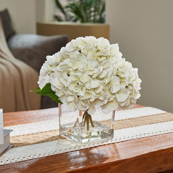 DR.Planzen 12in Faux White Hydrangeas Fake Flowers Artificial Silk Hydrangea Flower With Vase for Home decor