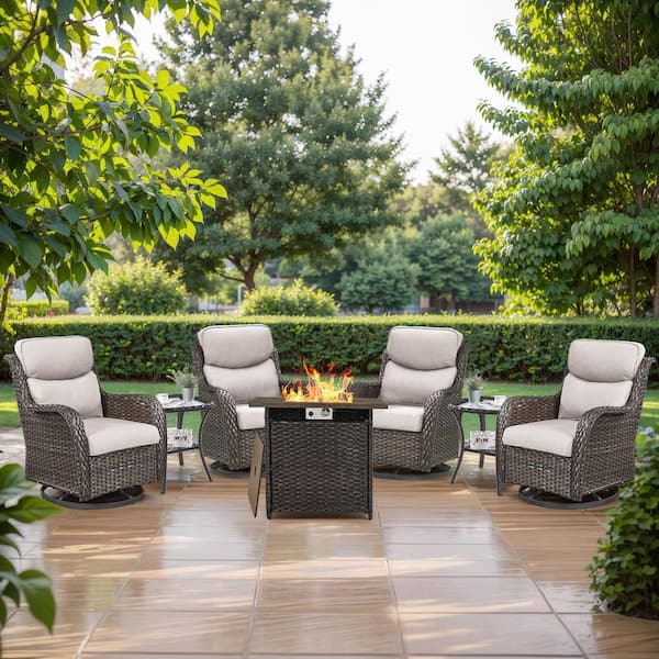 Carolina 7-Piece Outdoor Patio Furniture Set, Brown Wicker Swivel Chairs Set with Fire Pit Table, Thick Beige Cushions