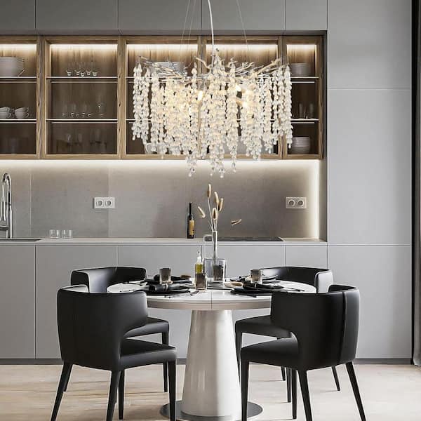 24" 8-Light Modern Crystal Chandelier Silver Tree Branch Round Chandelier for Dining Room Living Room Bedroom, Entryway
