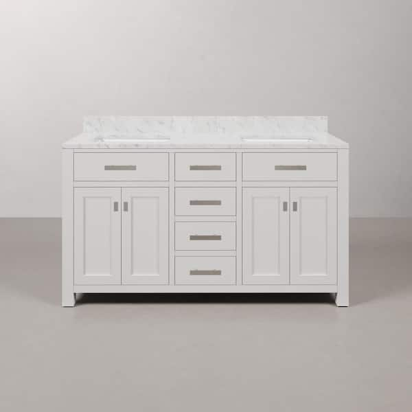 Madison 60 in. W x 21.5 in. D x 34 in. H Double Sink Bath Vanity in Pure White with Carrara White Marble Top