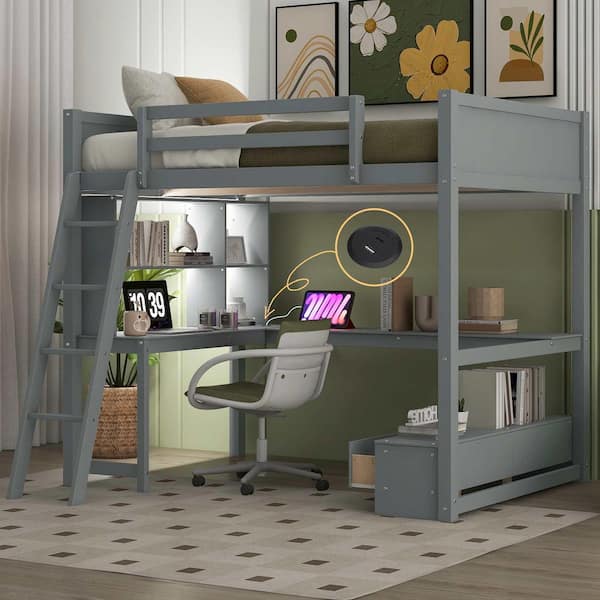 Gray Full Size Wood Loft Bed with L-shaped Desk, LED light and USB Charging Station, Storage Bench with 2-Drawers