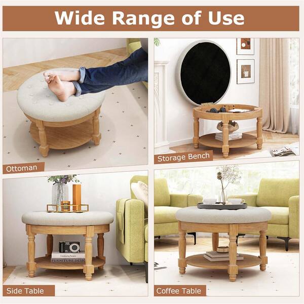 Costway Gerber Beige Natural Polyester Round Ottoman Coffee Table Large 29 in. Ottoman HCST02757 The Home Depot