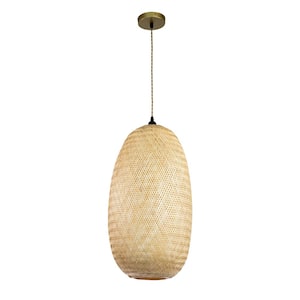 48-Watt 1 Light Natural Wood Color Lantern Shape Pendant Light with Rattan Shade, No Bulbs Included