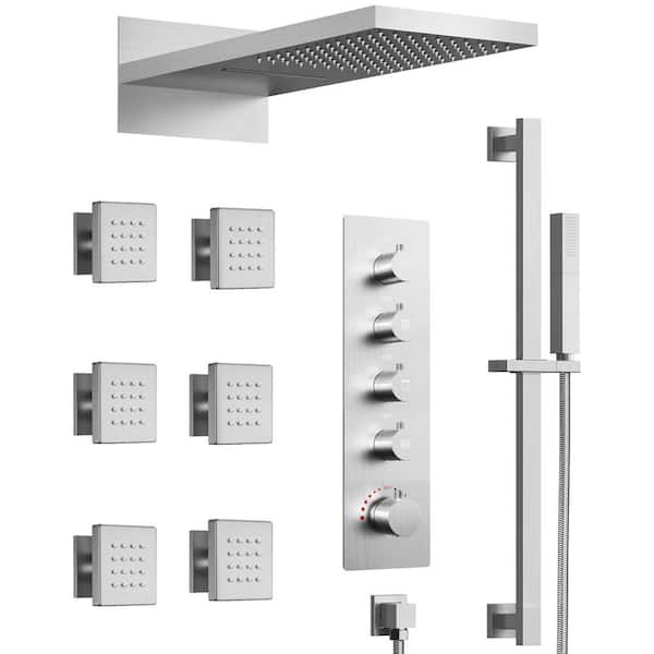 GRANDJOY Luxury Shower with Valve 15-Spray Dual Wall Mount 23 in. Fixed and Handheld Shower Head 2.5 GPM in Brushed Nickel