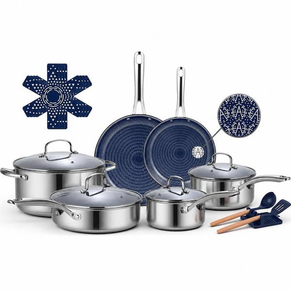 17-Piece Stainless Steel Nonstick Cookware Set Tri-Ply Induction Safe Dishwasher Oven Safe Navy Blue
