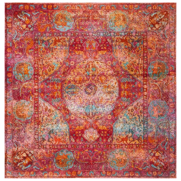 Luxor Fuchsia/Gold 5 ft. x 5 ft. Border Persian Oriental Square Area Rug