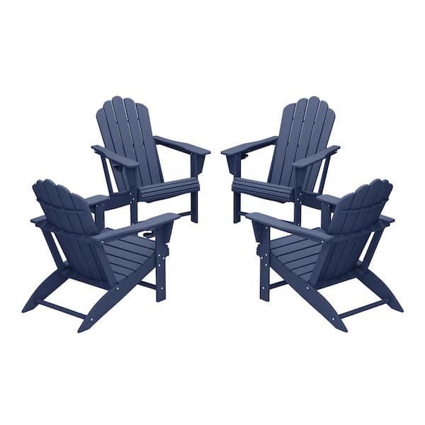 Aderson Set of 4 All Weather Fade Resistant Outdoor Patio HDPE Adirondack Chairs with Cup Holders in Navy Blue