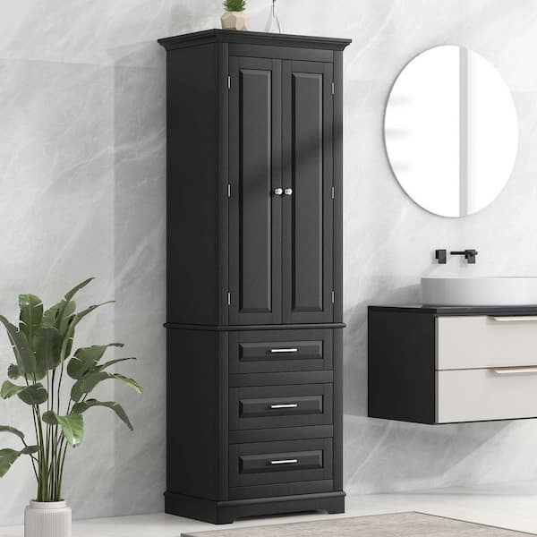 24 in. W x 16 in. D x 70 in. H Black Wooden Linen Cabinet, Tall Storage Cabinet with 3-Drawers for Bathroom/Office