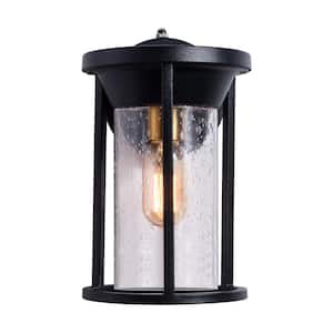 Hawaii 11.02 in. H Black Seeded Glass Hardwired Outdoor Wall Lantern Sconce with Dusk to Dawn