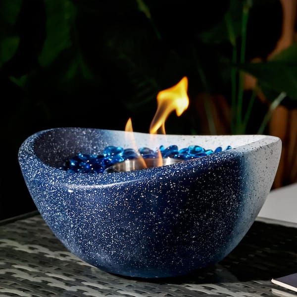 Mondawe 11 in. Outdoor Concrete Gel or Liquid Fire Pit Mixed Color Tabletop Mini Smokeless Fire Bowl with Blue Glass Beads