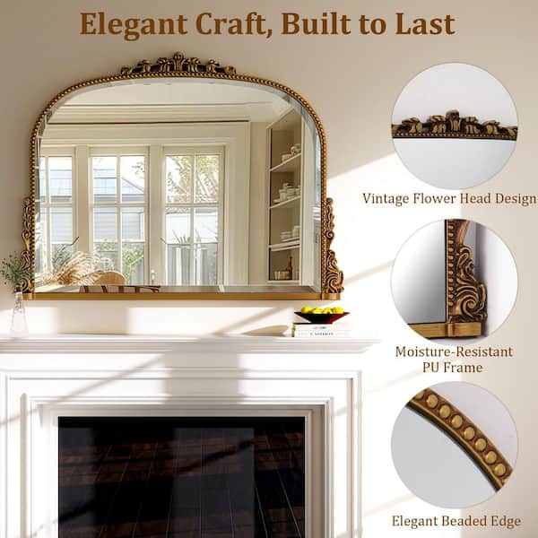 XRAMFY Antique Gold 36 in. W x 27 in. H Carved Arched PU Frame