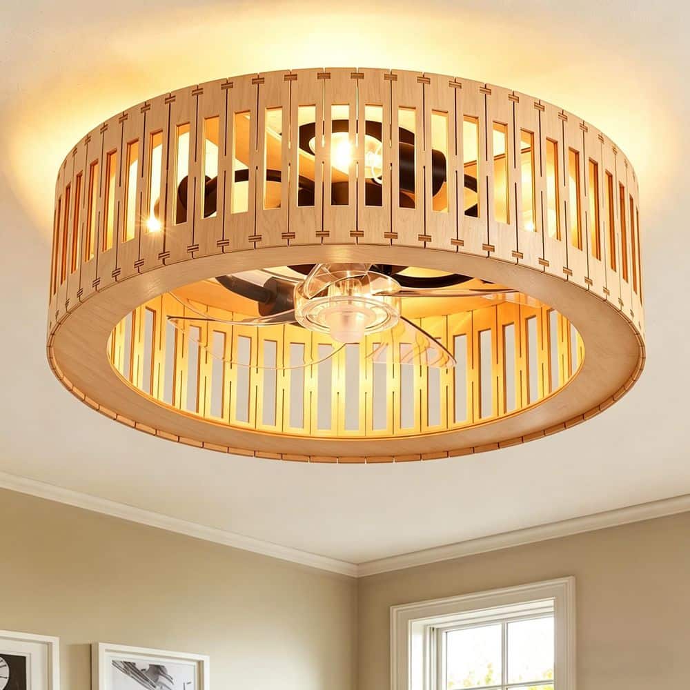別注　OUTPUTLIFE✨ JUSHENG 20 in. Natural Wood Style Caged Flush Mount Ceiling Fan
