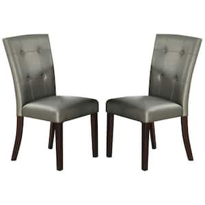 Silver Button Tufted Faux Leather Wooden Dining Chair (Set of 2)