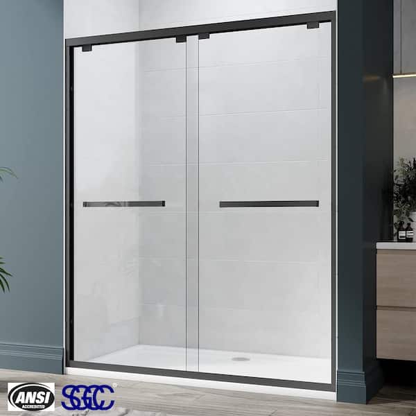 56 in. to 60 in. W x 76 in. H Sliding Soft-Close Semi Frameless Shower Door,Matte Black with Clear Glass