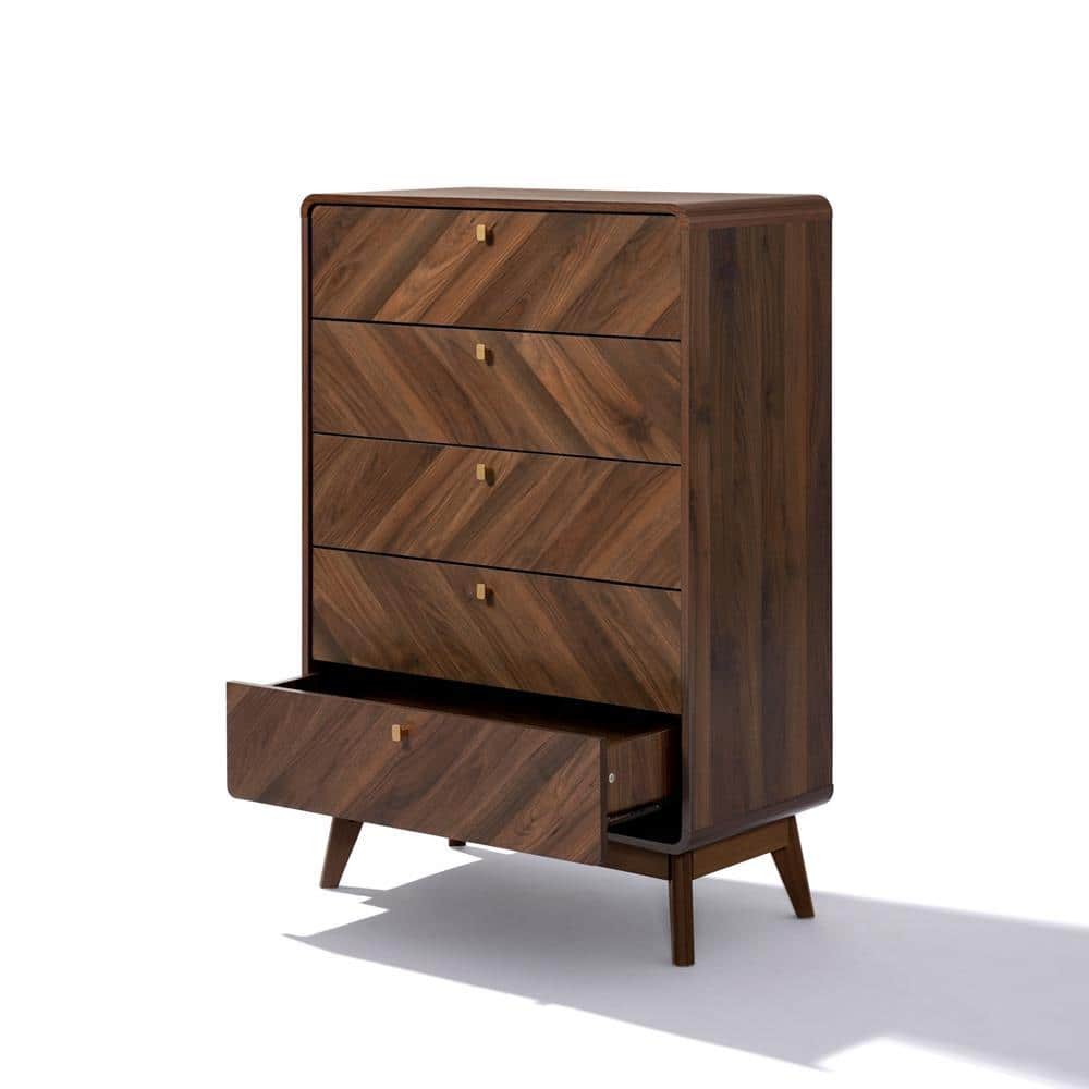 Walnut Brown Mid-century Modern 47.5-Inch Tall 5-Drawer Chest