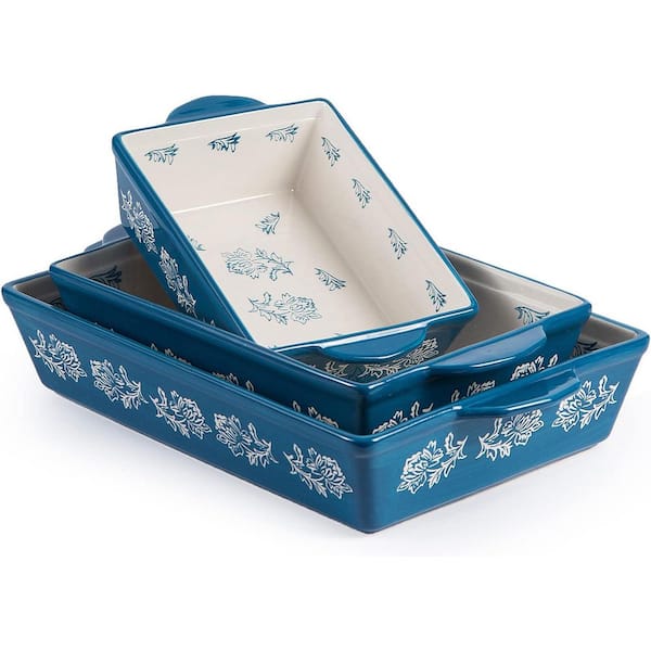 Ceramic Rectangular Baking Dish Set with Rose Pattern Double Handles Oven Safe for Lasagna Casserole 3 Piece