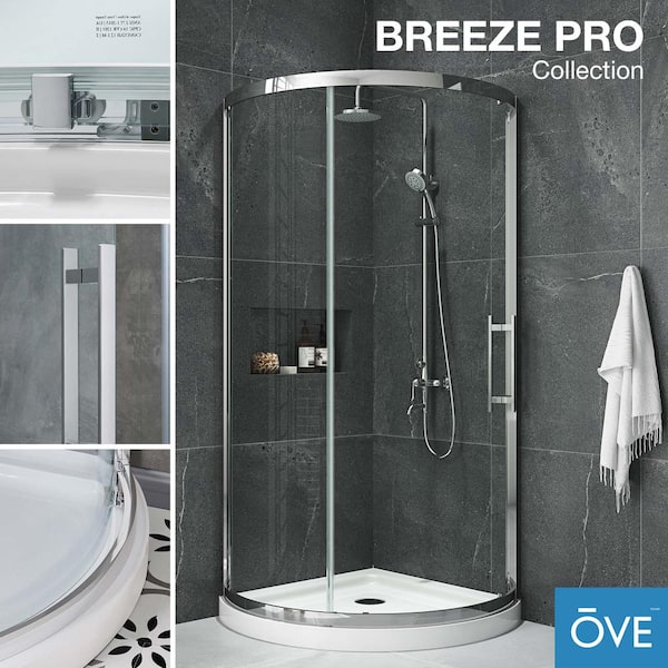 Breeze 32 in. L x 32 in. W x 76.97 in. H Corner Shower Kit with Clear  Framed Sliding Door in Satin Nickel and Shower Pan