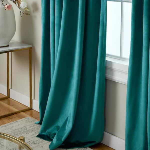 Velvet Teal Solid Light Filtering Triple Pinch Pleat / Hidden Tab Curtain, 27 in. W x 108 in. L (Set of 2)